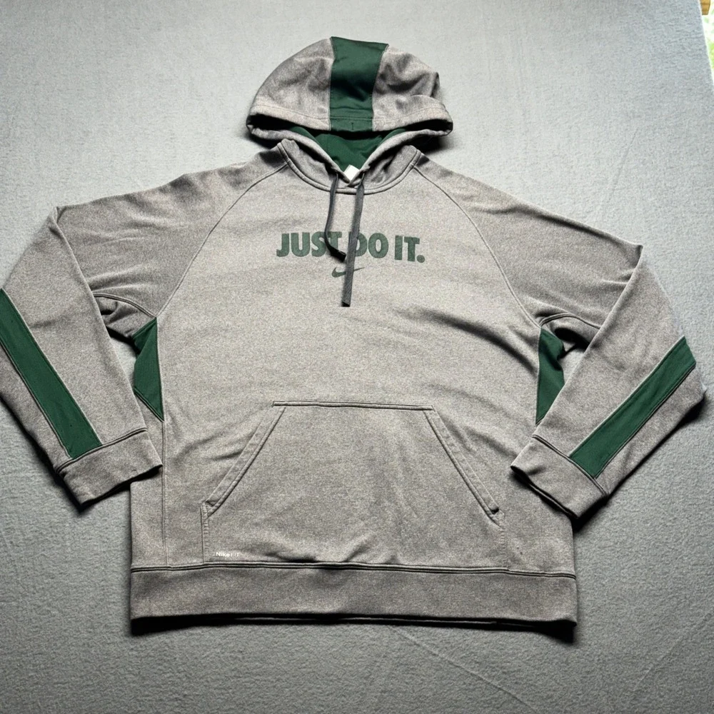 Nike Therma-FIT‎ Just Do It Hoodie Mens Large Gray Green Pullover Sweatshirt